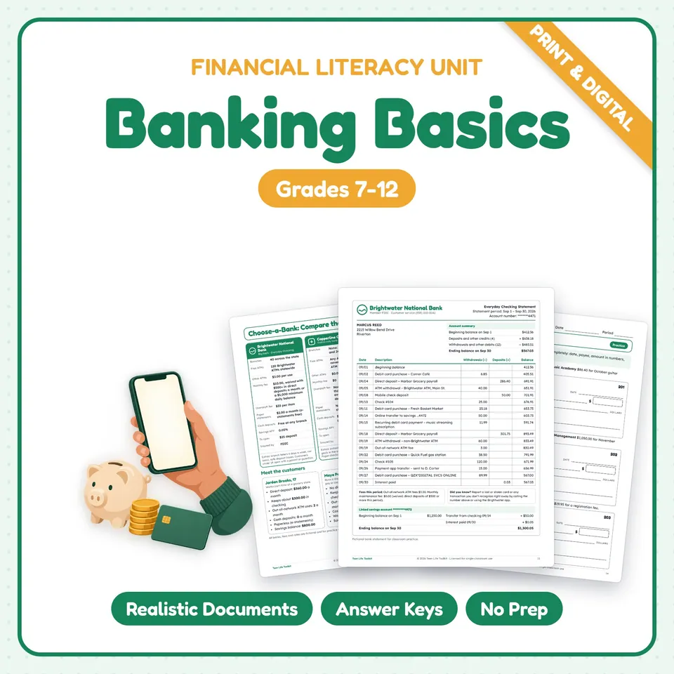 Banking Basics Worksheets cover