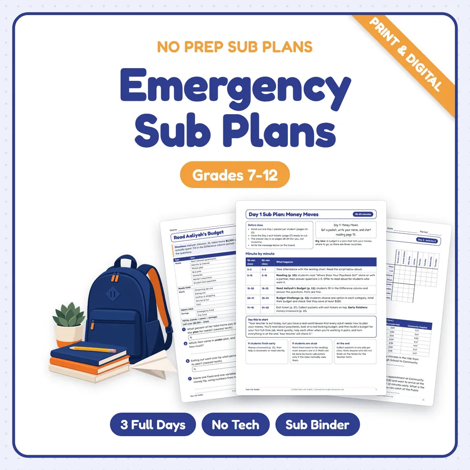 Emergency Sub Plans & Sub Binder for Middle & High School cover