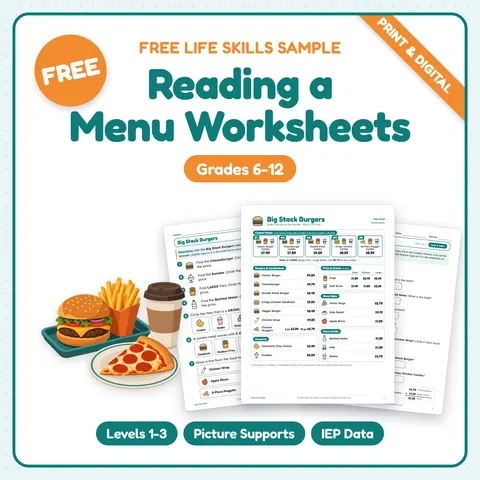 Reading a Menu Life Skills Worksheets cover