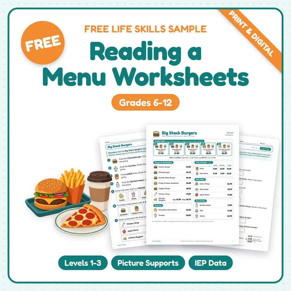 Reading a Menu Life Skills Worksheets cover