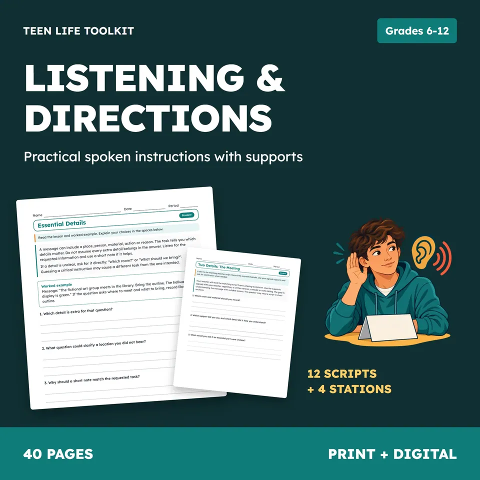 Listening & Following Directions Activities for Teens cover