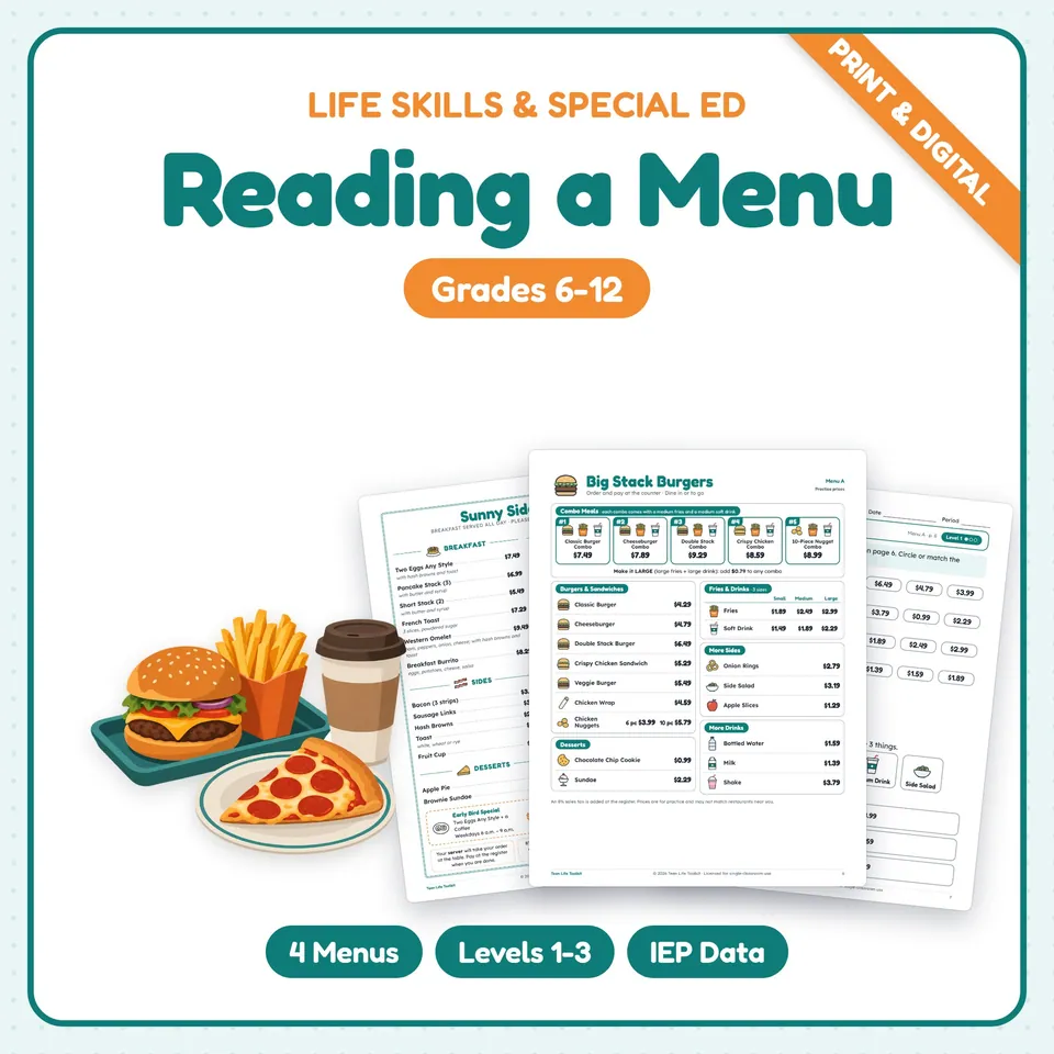 Reading a Menu Life Skills Worksheets cover